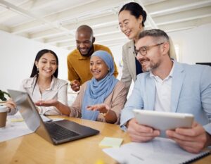 video call networking and business people with laughter